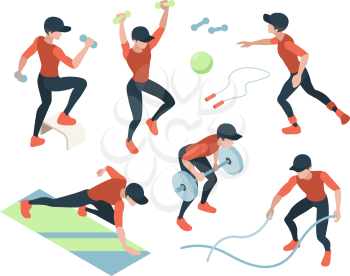 Cardio training. Fitness dynamic exercises woman and man doing sport gymnast lifting vector gym isometric people. Fitness man workout, cardio activity illustration