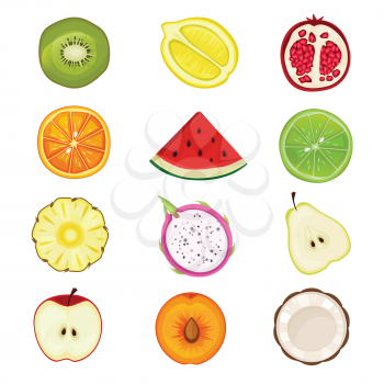 Half fruits. Apricot cherry strawberries peach healthy sliced natural food icon in circle shapes vector set. Illustration fresh half fruit, vegetarian food