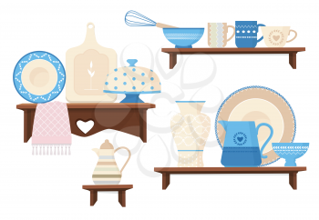 Ceramic kitchen cookware. Cafe restaurant equipment decorative handmade colored dishes mugs teapots plating vector stylish cookware. Kitchen cookware, household teacup and jug illustration