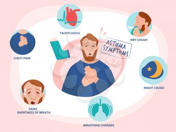Asthma symptoms. Allergic people diseases vector infographic sick persons medical infographic. Asthma symptoms respiration, difficulty asthmatic healthcare illustration