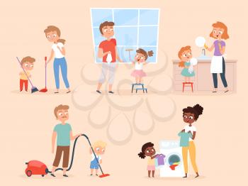 Kids housework. Children helping parents cleaning and washing room vector character. Housework and household, child daughter and son help illustration