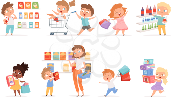 Grocery kids. Parents with children shopping purchase products and toys vector cartoon pictures. Woman with kid buy purchase, product shopping goods illustration