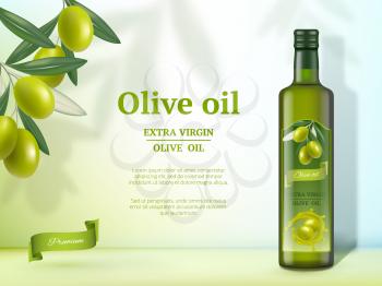 Olive ads. Oil for cooking food natural healthy gourmet product vector promotional banner with glass bottles. Olive oil ad, product advertising natural illustration