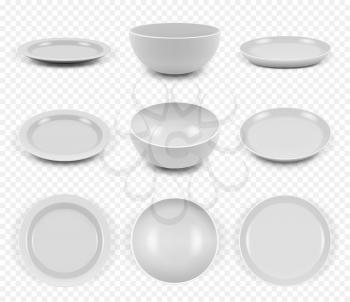 Ceramic utensils. Kitchen elegant empty plates dishes bowls for food vector collection set. Illustration kitchen dish, dishware ceramic, realistic crockery