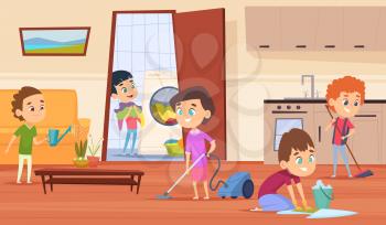 Housework with parents. Family couple mother father and kids making cleaning in house wash furniture brooming floor vector characters. Family parents children do housework, housekeeping illustration