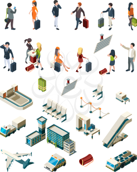 Airport terminal. People pilots flight attendants travellers airport interior luggage boarding ticketing vector isometric. Airport flight, travel aircraft and aviation, pilot stewardess illustration