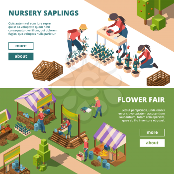 Local markets isometric. Farmers and gardeners outdoor selling agricultural products milk meal and fruits vegetables vector banners. Organic garden fruit and vegetable market or grocery illuustration