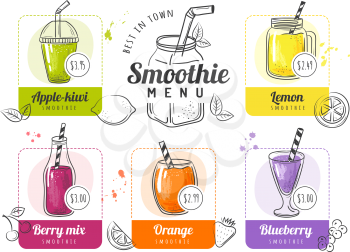 Smoothie menu. Summer cocktails lists for restaurant or coffee drinks menu fruits liquid food vector template. Smoothie menu healthy, fresh drink summer illustration