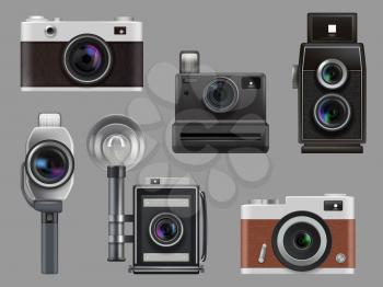 Vintage cameras. Electronic gadgets retro photo technic for professional workers vector realistic illustrations isolated. Camera photo and photography device, multimedia gadget