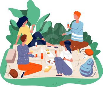 Picnic friends. People eating in park, healthy happy family outdoor activity. Women and men talking vector illustration. Family picnic leisure, girl and boy rest in park