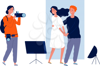 Professional photo session. Young couple or newlyweds posing in studio. Isolated photographer, girl and boy vector illustration. Couple love profession photo session, photographer with camera