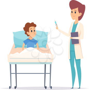 Doctor and boy. Flu virus vaccination. Isolated ill guy bed and nurse with syringe. Cartoon child in hospital with pediatrician vector illustration. Doctor inject immune vaccine, hospital pediatrician