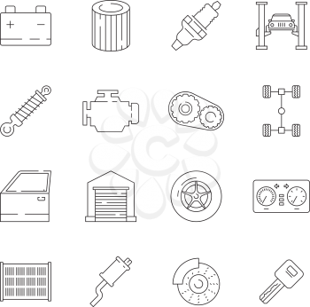 Car service icon. Auto parts gearbox engine vectors simple thin line symbols. Auto repair, automobile key illustration