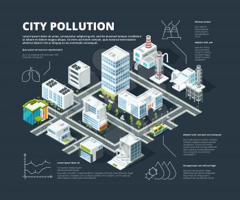 Urban infographic. Business concept people population megapolis transportation buildings street isometric city map vector infographic. Illustration of isometric city, infographic pollution