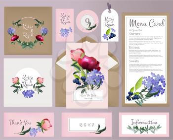 Wedding cards. Invitation template with beautiful floral background flowers botanical vector design. Illustration of wedding, botanical floral card