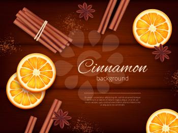 Cinnamon background. Advertizing pictures of herbs and species fresh aromatic cinnamon vector template. Aromatic cinnamon ingredient, natural spice aroma illustration