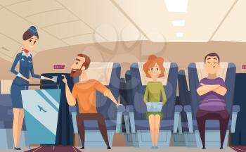 Avia passengers. Boarding stewardess offers food to sitting man in airplane board vector cartoon background. Illustration of airplane stewardess, professional hostess transport
