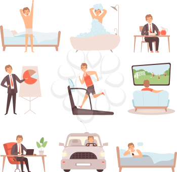 Active man daily routine. Lifestyle everyday businessmen work busy people vector character isolated. Office character in routine, busy daily illustration