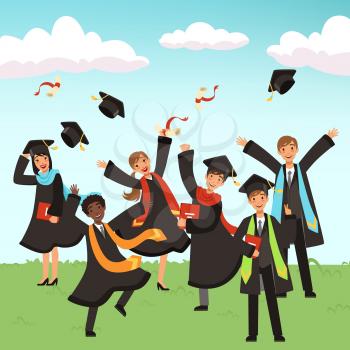 Happy international graduates with diplomas and graduation hats vector illustration. Illustration of university and school happy graduate students