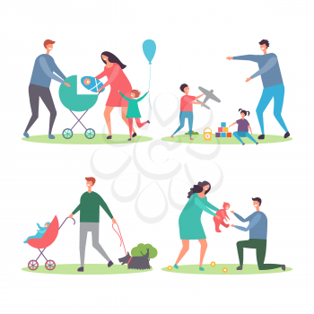 Happy families with kids and dogs. Mothers and fathers walking and playing with children in the city park vector illustration. Rest family day, mother father and children