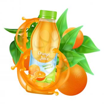 Fresh orange juice vector. Realistic juice bottle, leaves and orange isolated on white background. Healthy juicy and fresh orange beverage illustration