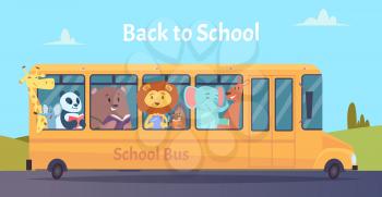 School bus. Zoo animals characters back to school on yellow bus vector learning education concept. School bus with animals drive to education illustration