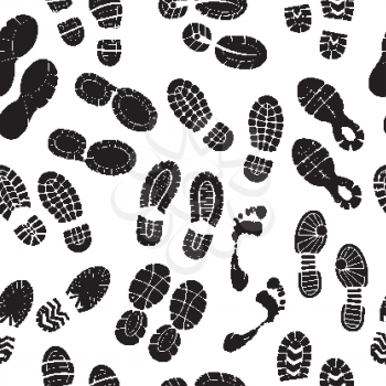 Footprints pattern. Male and female foots silhouettes human shoes walking seamless background vector textile design. Illustration of foot track, mark print pattern, footprint black