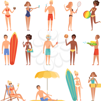 Female on beach. Summer vacation or holidays people playing and sunbath sitting on deckchairs hot sun vector characters. Illustration of people on vacation beach with surboard and lounge