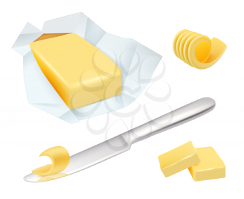 Butter. Margarine breakfast milk butter for cooking food vector realistic pictures collection. Butter or margarine, fresh dairy ingredient illustration