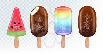 Eskimo ice cream vector set. Fruit ice and chocolate ice cream isolated on white background. Ice cream dessert, watermelon and rainbow slice illustration