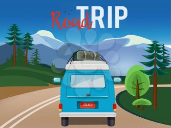 Road trip. Moving car on the road summer landscape background countryside adventure vector cartoon illustration. Trip road, moving van to ountryside