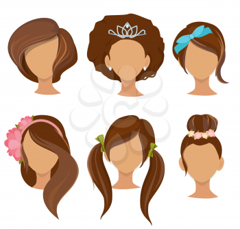 Woman hairstyles. Young girls stylish hair items hoops bows elastic bands clips vector pictures collection. Illustration of hairstyle female, girl fashion