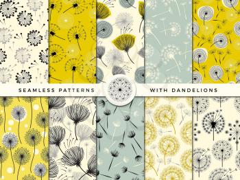 Dandelion seamless. Wind flowers nature herbal decorate vector collection for print design project. Dandelion flower pattern, nature endless bloom illustration