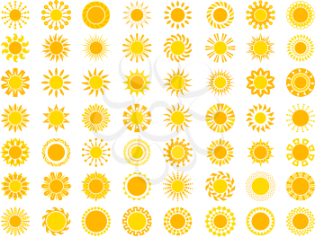 Sun collection. Yellow sunrise symbols nature vector stylized icon of sun. Illustration of set sun, sunshine yellow for weather app