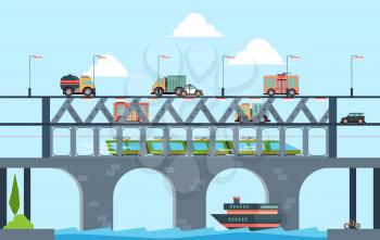 Landscape with bridge. Speed truck highway bridge with cars vector cartoon background illustration. Road highway over river for transport traffic