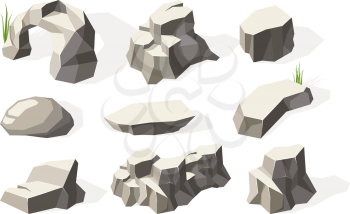 Stones isometric. Broken architecture rocks mineral elements stones surface vector collection. Illustration natural geology, broken stone material