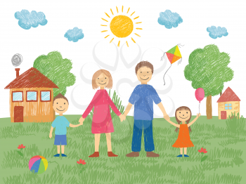 Big family. Father mother brother standing near house grass and sun summer background kids hand drawn style vector. Illustration of mother and father, brother and sister