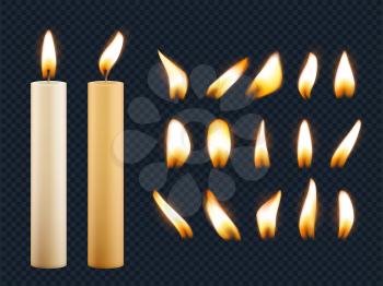 Wax candles. Romantic lights from candle flame different shapes of fuse vector realistic collection. Illustration candlelight romantic, illumination fire