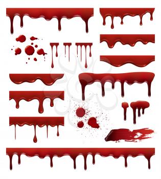 Liquid blood. Red sauces drops splashes blob blood stain vector templates collection. Blood liquid, blob and spot, drip splatter illustration