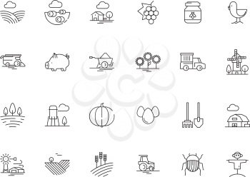 Farm symbols. Rural field landscape agricultural objects mill tractor wheat trees vector outline graphics. Illustration rural field, agriculture icons, line