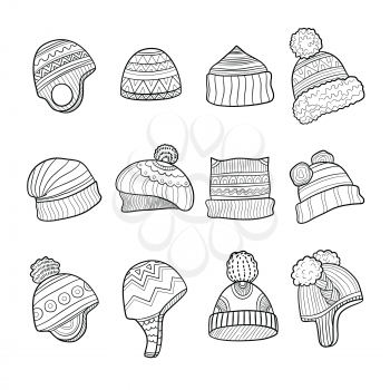 Winter hat. Cold season clothes warm ears flapping vector doodle pictures. Illustration hat winter knitted, headwear doodle and drawn, sketch cap apparel