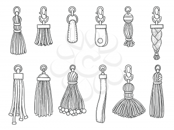 Handbags accessories. Leather textile technician knot trinket threads fashion items vector illustrations. Leather accessory pendant isolated hand draw