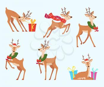 Christmas deer. Cute fairytale animal reindeer in cartoon style vector action poses. Illustration deer christmas, animal reindeer set