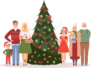 Christmas family. Mother father kids and grandparents standing near christmas tree with new year gifts vector cartoon background. Christmas celebration family with green tree and gifts illustration