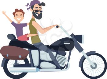 Biker on motorcycle. Father rolls son on scooter. Happy cartoon fathers weekend vector illustration. Father with son by motorcycle, motorbike rider