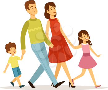 Cartoon family. Mother father children walking together. Isolated parents with son and daughter. Young woman man girl and boy vector characters. Father and mother with kids walking illustration