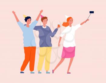 Friends selfie. Party time, smiling people with drinks. Woman and men making photo together vector illustration. Selfie people party, photo together celebration