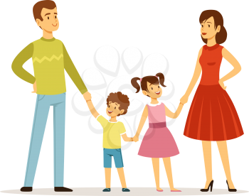 Happy family. Parents and children characters. Father mother daughter and son together. Isolated kids and adults vector illustration. Mother and father with daughter and son, parents together
