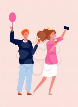Happy festive couple. Cute flat celebrating characters with balloon and drinks. People on party, birthday or anniversary vector illustration. Couple man and woman drink wine celebration