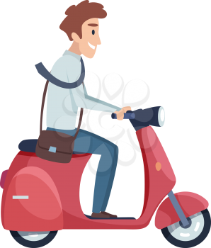 Man rides motorbike. Happy businessman drives to work. Flat isolated male manager on scooter vector character. Happy businessman by moped, speed bike ride illustration